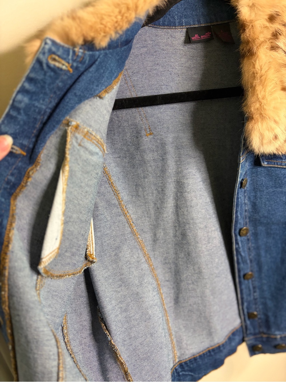 Willi Smith Blue Denim Jacket with Faux Leopard Fur Collar #1260 - Picture 6 of 14